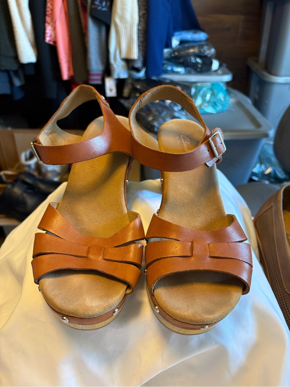 Clarks Women’s Cognac Leather Wooden Platform Sandals with Ankle Buckle